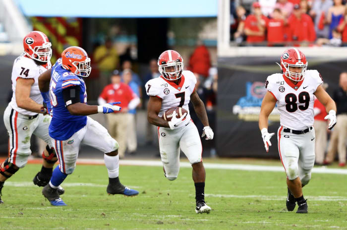 Georgia tailback D'Andre Swift during the first half of the Bulldogs’ game against Florida at TIAA Bank Field in Jacksonville, Fla., on Saturday, Nov. 2, 2019. (Photo by Tony Walsh)